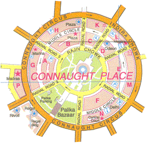 Connaught Place, gran círculo en cualquier mapa de Delhi